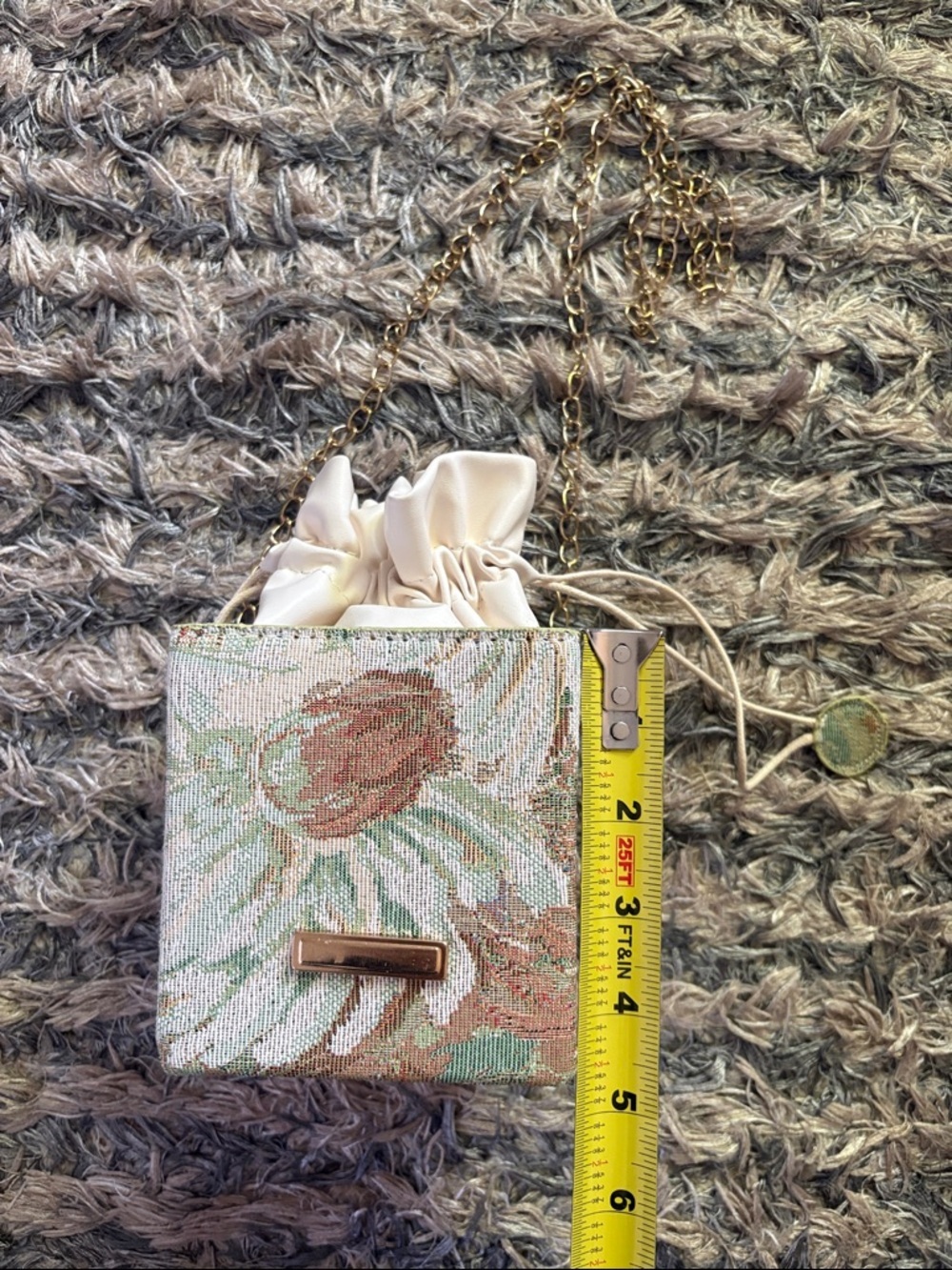 New Floral Tapestry Drawstring Mini Box Bag in Cream Brown and Green - Picture 8 of 12